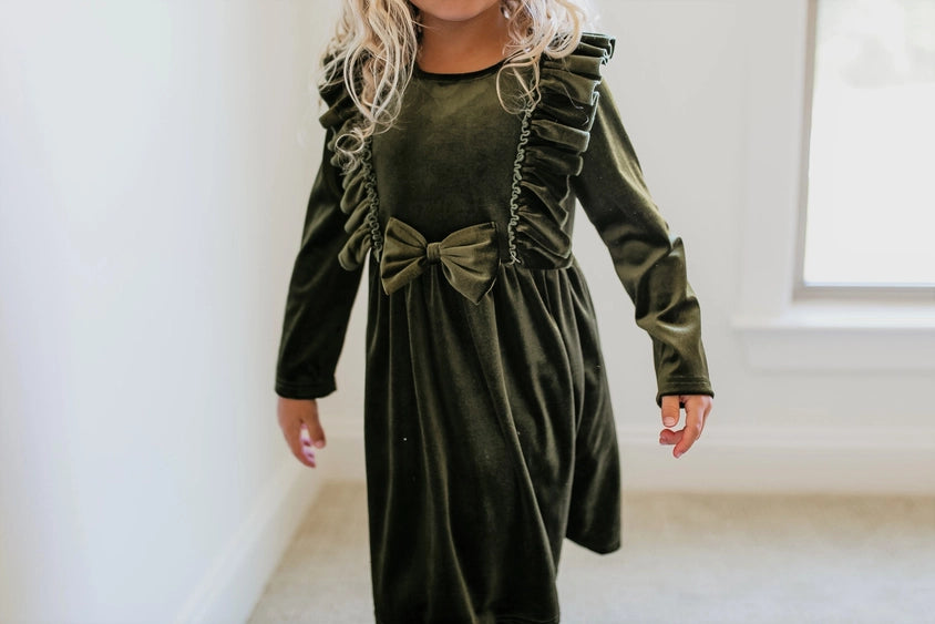 Girls Moss Velvet Ruffle Dress