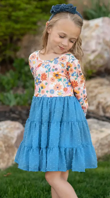 Girls Dusty Blue Floral Dress